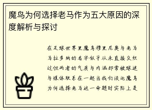 魔鸟为何选择老马作为五大原因的深度解析与探讨